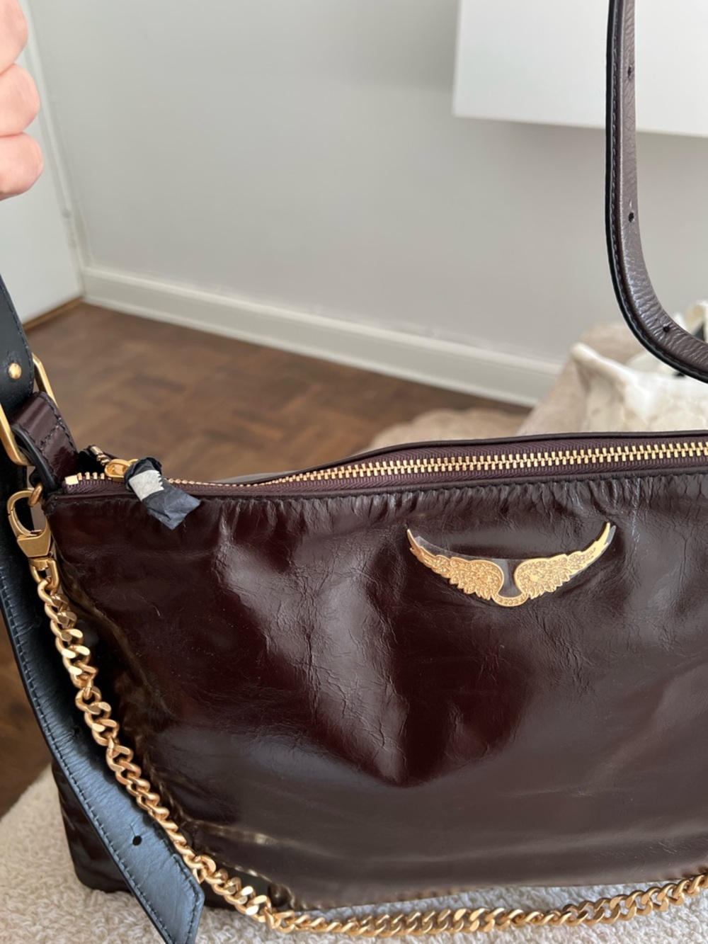 Zadig & Voltaire Black Patent Shoulder Bag with Gold Chain - Picture 4 of 4